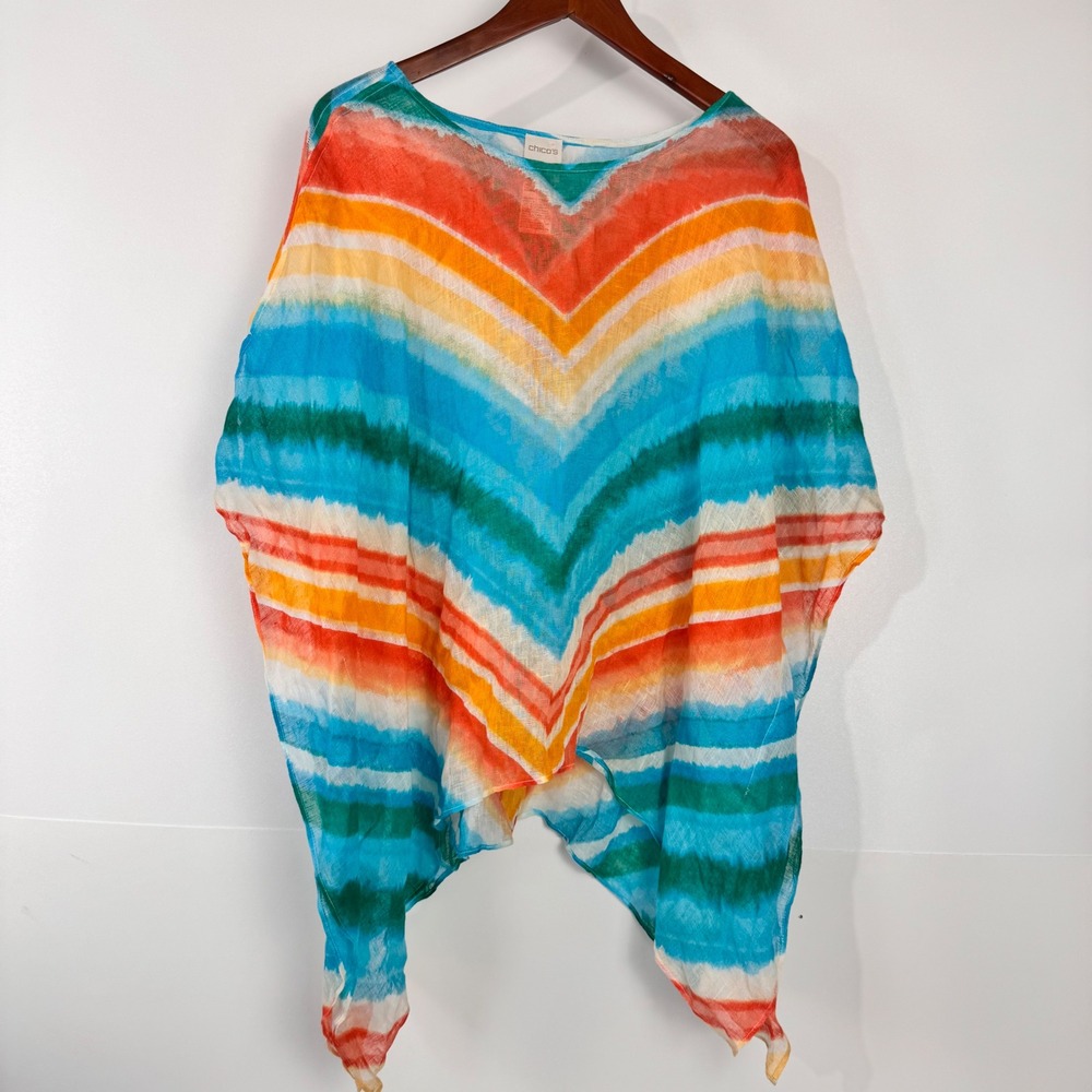 Chico's Poncho Top Women L/XL Multicolor Boho Beachy Linen Chevron Striped